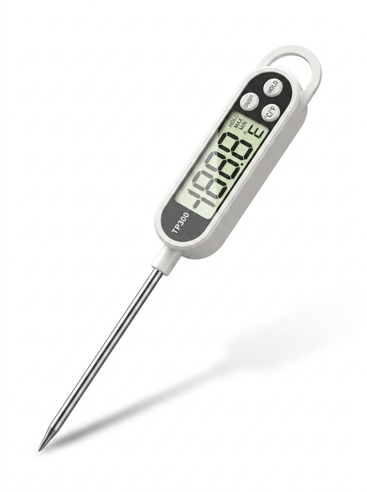Food thermometer reading temperature on meat — BBQ and cooking use