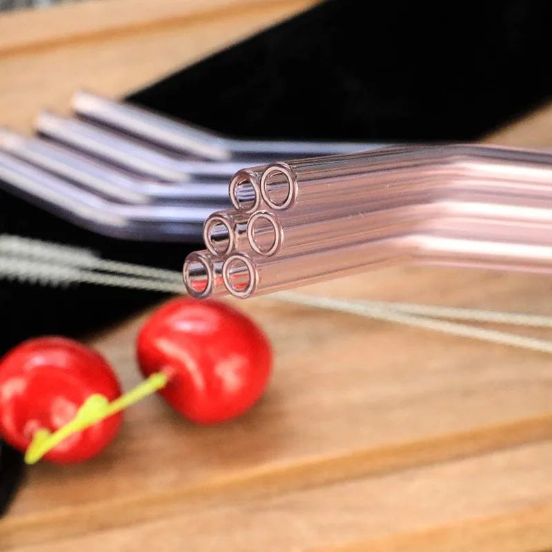 Glass Straw Pink Bent Glass Straw Set