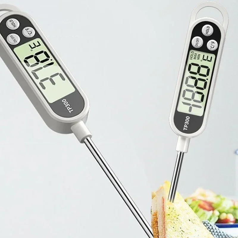 Instant-read thermometer LCD display showing temperature in °F and °C