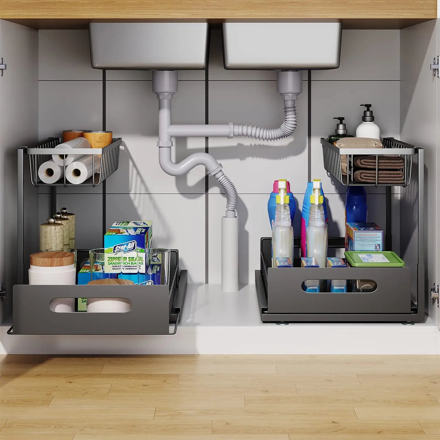 Under Sink 2 Tier Sliding Cabinet Basket