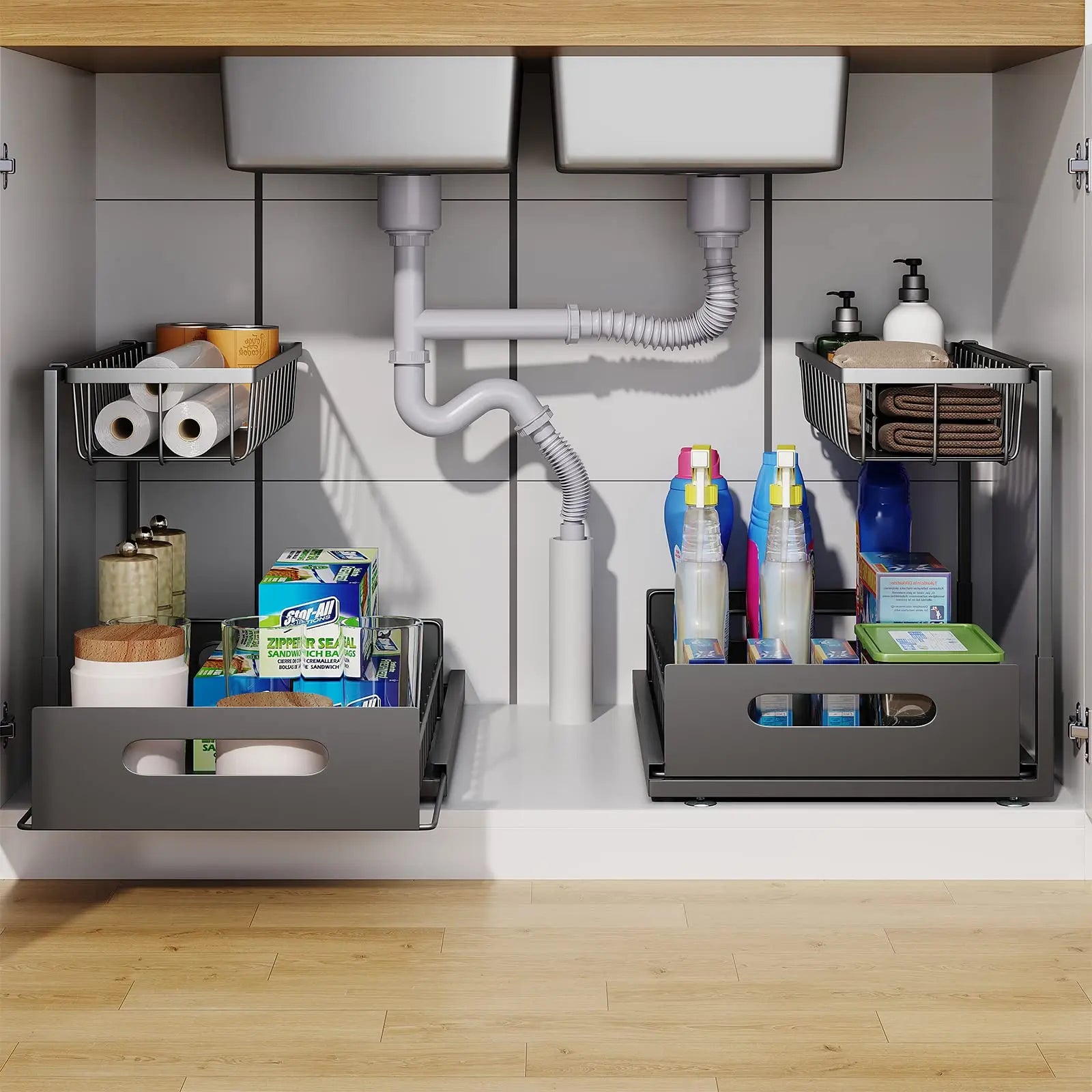 Under Sink 2 Tier Sliding Cabinet Basket