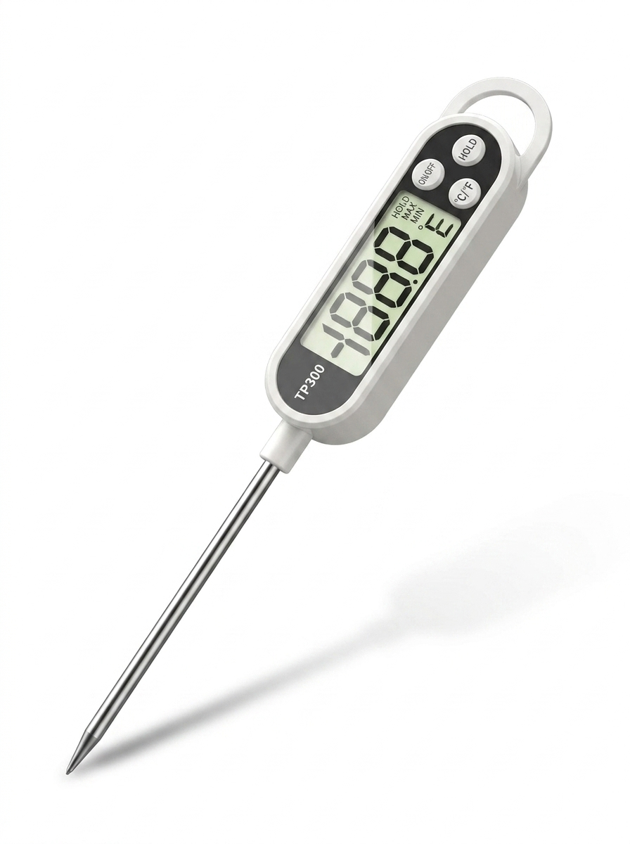 Food thermometer reading temperature on meat — BBQ and cooking use